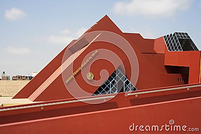 LAMBAYEQUE, PERU -: Facade of the Sipan Lord royal tombs museum in modern architecture style about the Moche Editorial Stock Photo