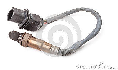 Lambda probe - oxygen sensor device designed to record tamount of remaining oxygen in the exhaust gas of car engine is located in Stock Photo