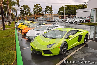 Lamborghini cars parked at the factory authorized dealership in California Editorial Stock Photo