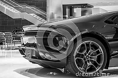 Close up of Lambo Huracan backside. Black and White. Editorial Stock Photo