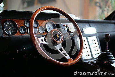 Lamborghini Jarama wooden steering wheel Gear stick Editorial Stock Photo