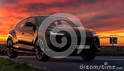 Lamborghini Urus, a luxury sports SUV on the road during a beautiful sunset Editorial Stock Photo