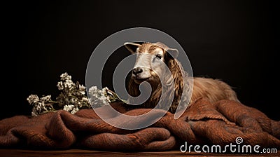 Lambswool In Medium Brown - Moody Still Life Studio Portrait With Sheep And Flowers Stock Photo