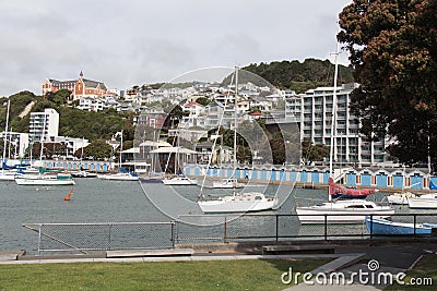 Lambton Harbour, Oriental Bay, Clyde Quay Marina boat harbour and St Gerard`s Monastery in the background, Wellington, New Zealan Editorial Stock Photo