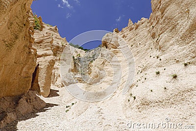 Lame Rosse in the Sibillini`s mountains. Stratifications of rock in the shape of pinnacles and towers consisting of gravel held Stock Photo