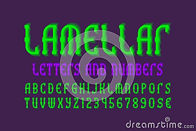 Lamellar letters and numbers with currency signs. Bright green vibrant font. Isolated english alphabet Vector Illustration