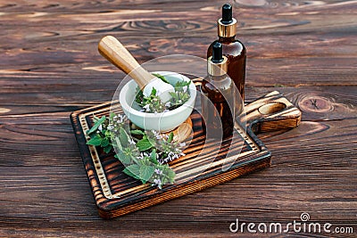 Lamium album, white nettle Flowers in mortar. Preparation of elixirs from medicinal herbs by herbalists. Essential oil Stock Photo