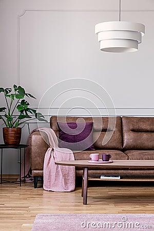 Lamp above wooden table in front of leather couch in vintage flat interior with plant. Real photo Stock Photo