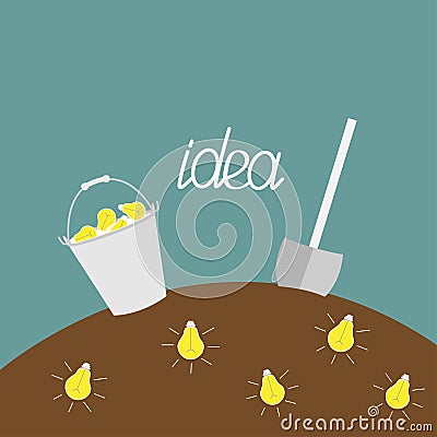 Lamp bulb underground. Shovel and bucket. Dig the idea concept. Vector Illustration