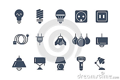 Lamp and bulbs black vector icons set. Electrical symbols Vector Illustration