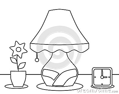 Lamp with flower and clock, image for children to color, black and white. Cartoon Illustration