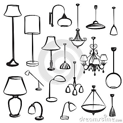 Lamp furniture silhouettes set. Ceiling light design collection. Stock Photo