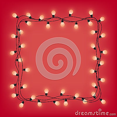 Lamp garland wreath, front door fairy lights wreath, square place for text with shining bulbs, lighting bounding box and border, v Vector Illustration