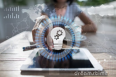 Lamp icon on virtual screen. Business solution. Innovation concept Stock Photo