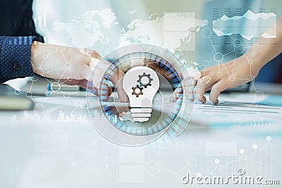 Lamp icon on virtual screen. Business solution. Innovation concept Stock Photo