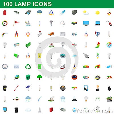 100 lamp icons set, cartoon style Vector Illustration