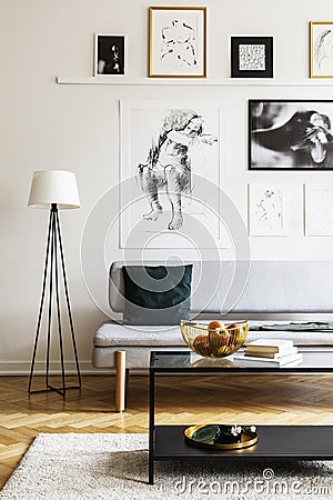 Lamp next to grey settee with cushion in living room interior with table and posters. Real photo Stock Photo