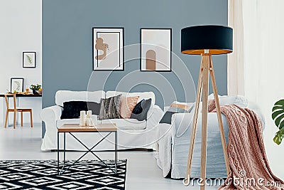 Lamp next to white couch with pink blanket in blue living room interior with posters. Real photo Stock Photo