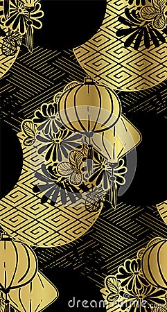 Lamp paper lantern circles japanese chinese vector design pattern black gold Stock Photo