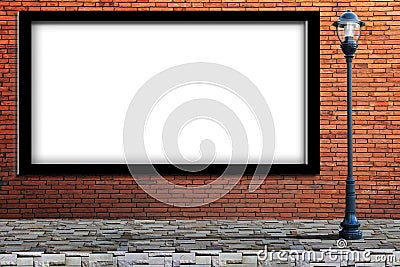 Lamp post street , blank billboard on brick wall Stock Photo
