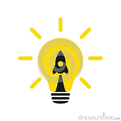 Lamp and rocket. Light bulb and airplane symbol or icon. Takeoff concept. Web design Vector Illustration