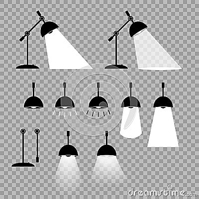 Lamp, vector. Prefabricated elements, adjustable positions for your design. Different variants of the illumination of flashlights. Vector Illustration