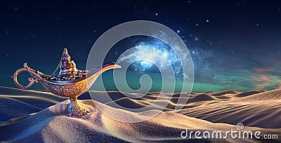 Lamp of Wishes In The Desert - Genie Coming Out Stock Photo