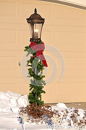 Lamppost Decorated for Christmas Stock Photo