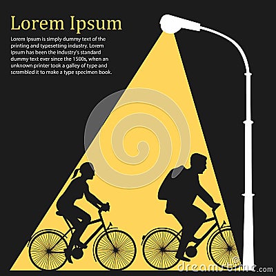 Lamppost lights on family riding bicycles, flat illustration Vector Illustration