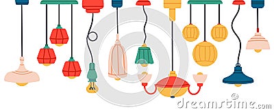 Lamps and chandeliers, hand drawn interior items and lighting elements Vector Illustration