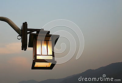 Lamps and mountain view in the evening Stock Photo