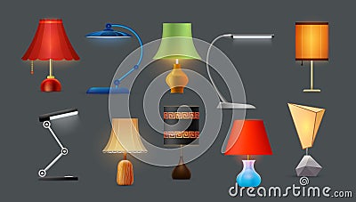 Lamps, table and desk lights, bedside lampshades Vector Illustration