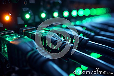 lan cables, ethernet network cables data connection in hub plug internet, Generative ai Stock Photo