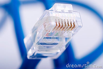 LAN network connection blue cable on white background Stock Photo