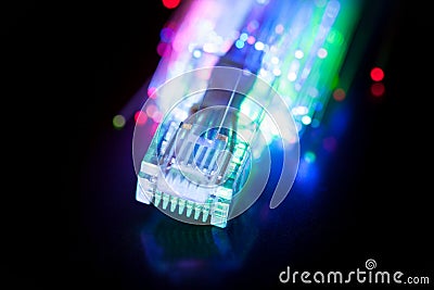 LAN and optical fiber cable on black background Stock Photo