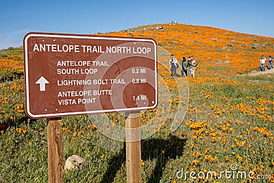 Lancaster, California - March 24, 2019: Sign in the Antelope Valley Poppy Reserve noting trail locations and distances. Tourists Editorial Stock Photo