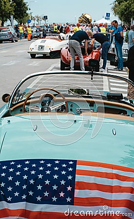 LANCIA AURELIA B24 SPIDER AMERICA PININ FARINA 1955 on an old racing car in rally Mille Miglia 2023 Editorial Stock Photo