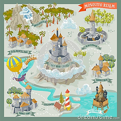 Fantasy land adventure map for cartography with colorful doodle hand draw in illustration Cartoon Illustration