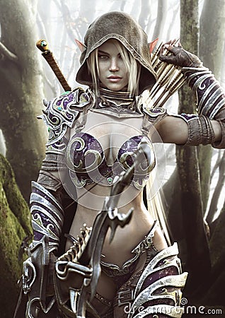 The land of the elves . Portrait of a fantasy heavily armored hooded dark elf female archer warrior Cartoon Illustration