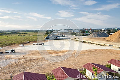 Land, field and soil backfill in aerial view Stock Photo