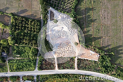 Land, field and soil backfill in aerial view Stock Photo