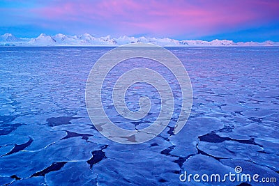 Land of ice. Winter Arctic. White snowy mountain, blue glacier Svalbard, Norway. Ice in ocean. Iceberg twilight in North pole. Pin Stock Photo