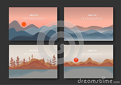Landscapes vector set, flat style. Natural wallpapers are a minimalist Vector Illustration