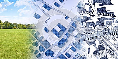 Land management concept image with an imaginary cadastral map of territory with a vacant land available for building construction Stock Photo