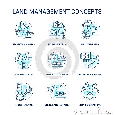 Land management turquoise concept icons set Vector Illustration