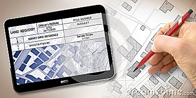 Land registry concept image with an imaginary cadastral map of territory with buildings, roads Stock Photo