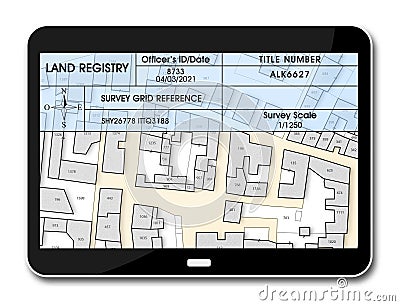 Land registry concept image with an imaginary cadastral map of territory - Property Tax on buildings Stock Photo