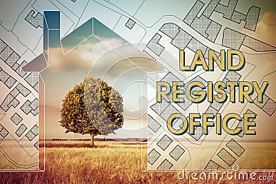 Land Registry Office concept with an imaginary cadastral map of territory with buildings and cadastre land parcel - Note: The map Stock Photo
