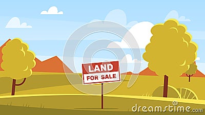 Land sale concept, signage with words about land sale. Meadow with trees and wooden board real estate banner. Field or Vector Illustration