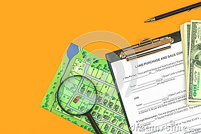 Land sale and purchase agreement form and clipboard. Office desktop with real estate house papers, top view photo Stock Photo